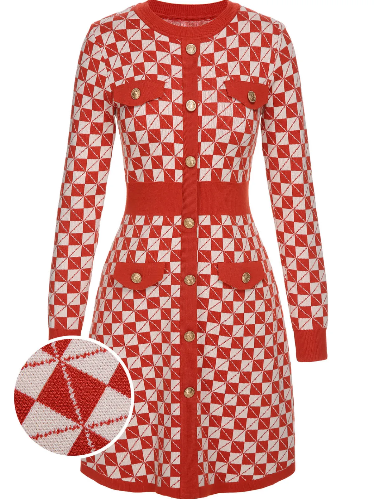 Best Retro Stage 1940s Argyle Check Knitted Pencil Dress Red