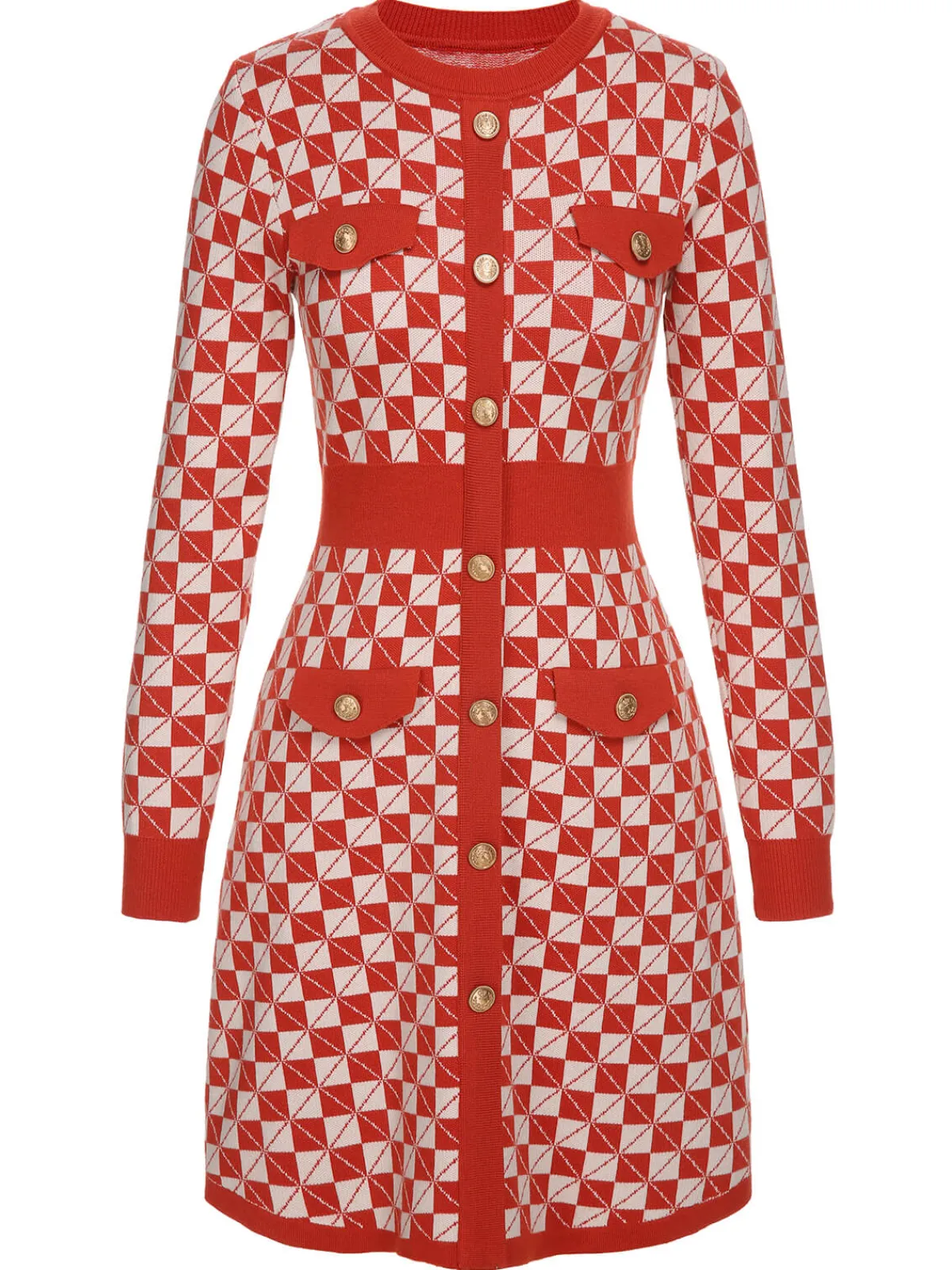 Best Retro Stage 1940s Argyle Check Knitted Pencil Dress Red