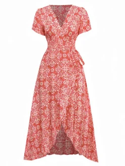 Best Retro Stage 1940s Boho Floral Wrap Dress Red