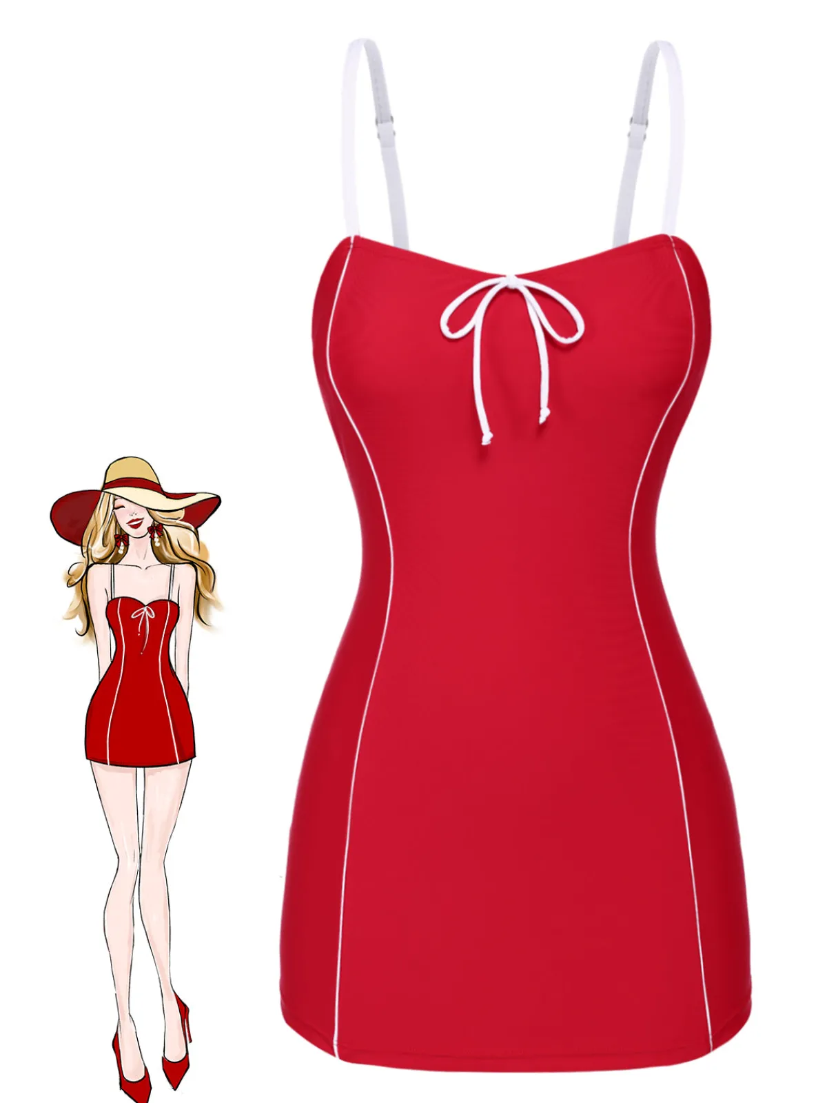 Hot Retro Stage 1940s Bow Straps One-Piece Swimsuit Red