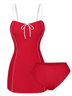 Hot Retro Stage 1940s Bow Straps One-Piece Swimsuit Red
