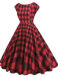 Discount Retro Stage 1950s Buffalo Plaids Swing Dress Red