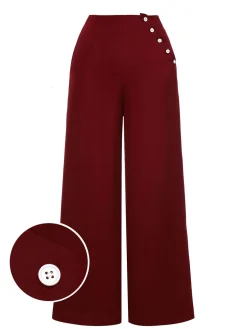 New Retro Stage Red 1950s Button Wide leg Pants Burgundy