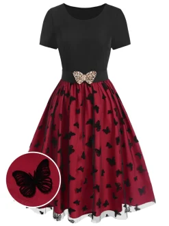 Sale Retro Stage 1950s Butterfly Embroide Mesh Patchwork Dress Red