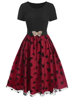 Sale Retro Stage 1950s Butterfly Embroide Mesh Patchwork Dress Red