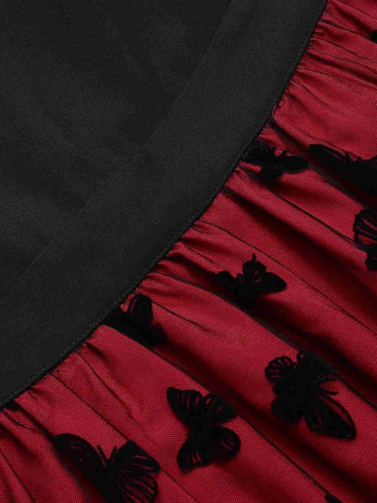 Sale Retro Stage 1950s Butterfly Embroide Mesh Patchwork Dress Red