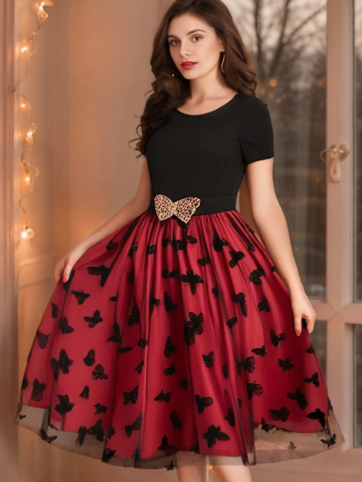 Sale Retro Stage 1950s Butterfly Embroide Mesh Patchwork Dress Red