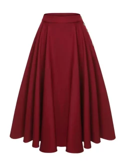 Fashion Retro Stage 1940s Buttoned Solid Skirt Red