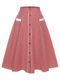 Best Retro Stage 1940s Buttoned Stripes Skirt Red