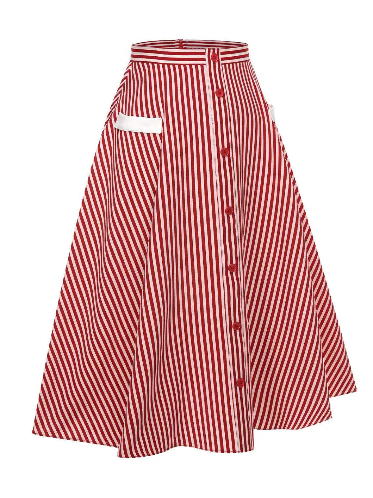 Best Retro Stage 1940s Buttoned Stripes Skirt Red