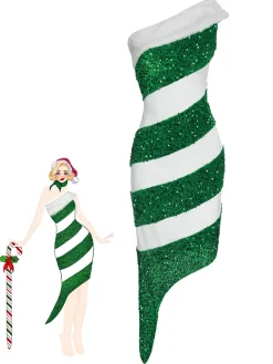 Sale Retro Stage Red 1960s Candy Cane One-Shoulder Dress