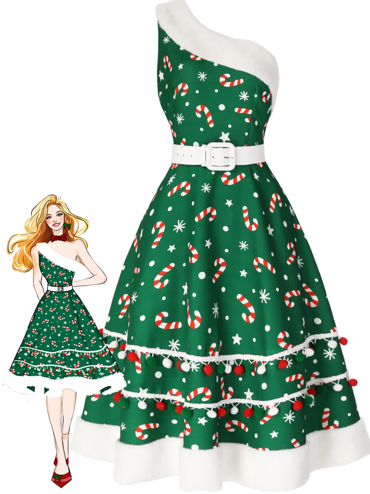 Online Retro Stage Red 1950s Candy Cane One-Shoulder Dress
