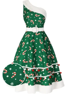 Online Retro Stage Red 1950s Candy Cane One-Shoulder Dress