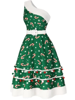 Online Retro Stage Red 1950s Candy Cane One-Shoulder Dress