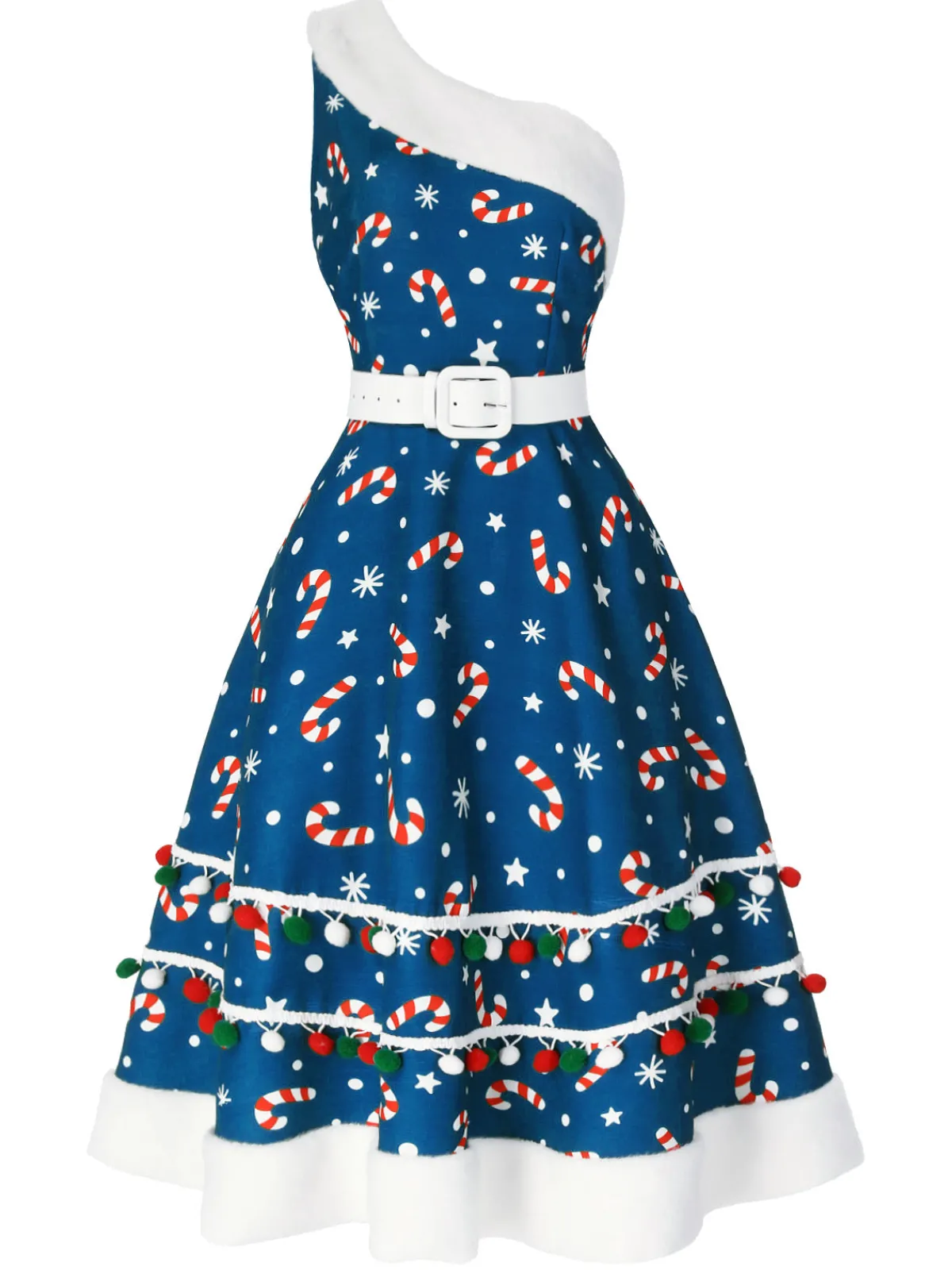 Online Retro Stage Red 1950s Candy Cane One-Shoulder Dress