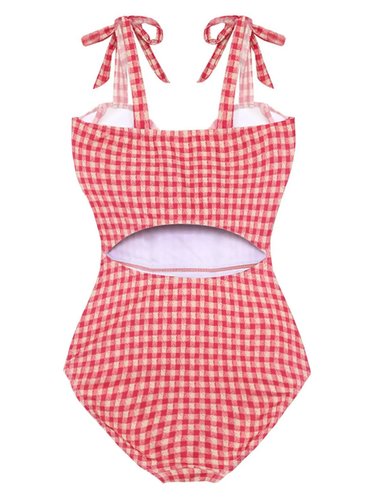 New Retro Stage 1950s Checked Back Cut-Out Swimsuit Red