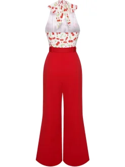 Hot Retro Stage 1930s Cherry Belted Halter Jumpsuit Red