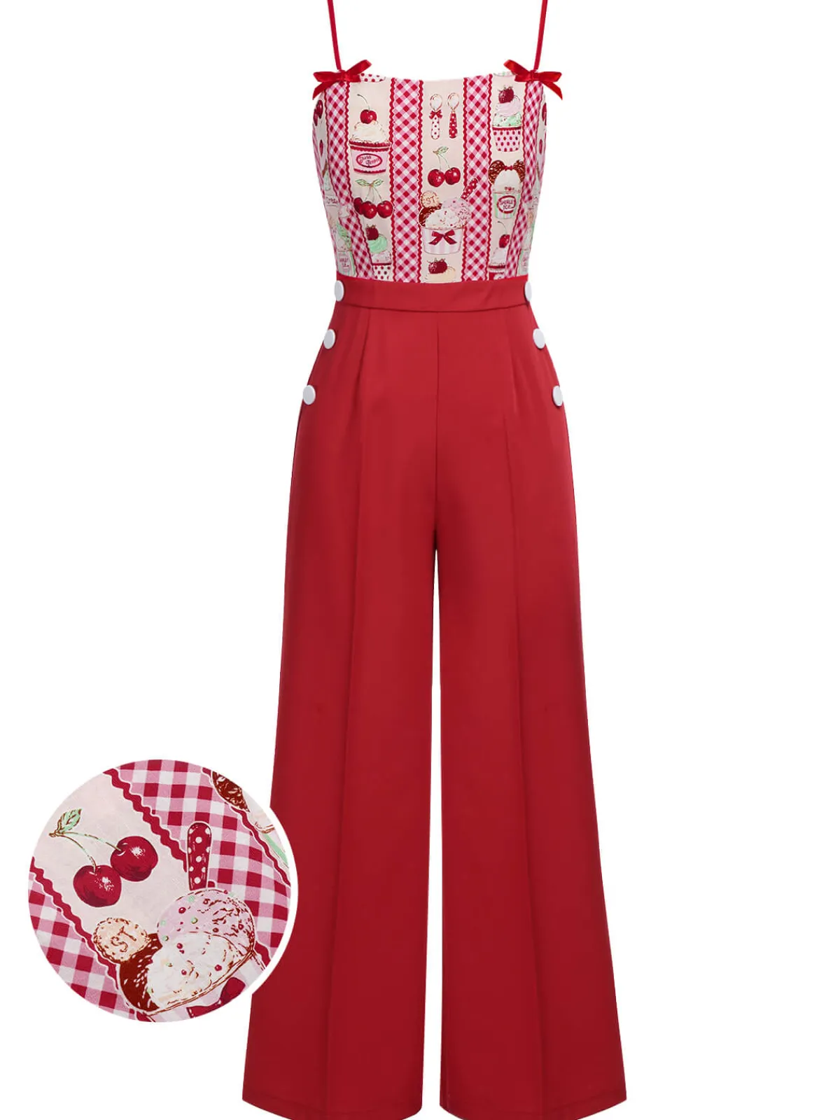 Online Retro Stage 1930s Cherry Cupcake Strap Jumpsuit Red