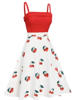 Hot Retro Stage 1950s Cherry Spaghetti Strap Dress Red