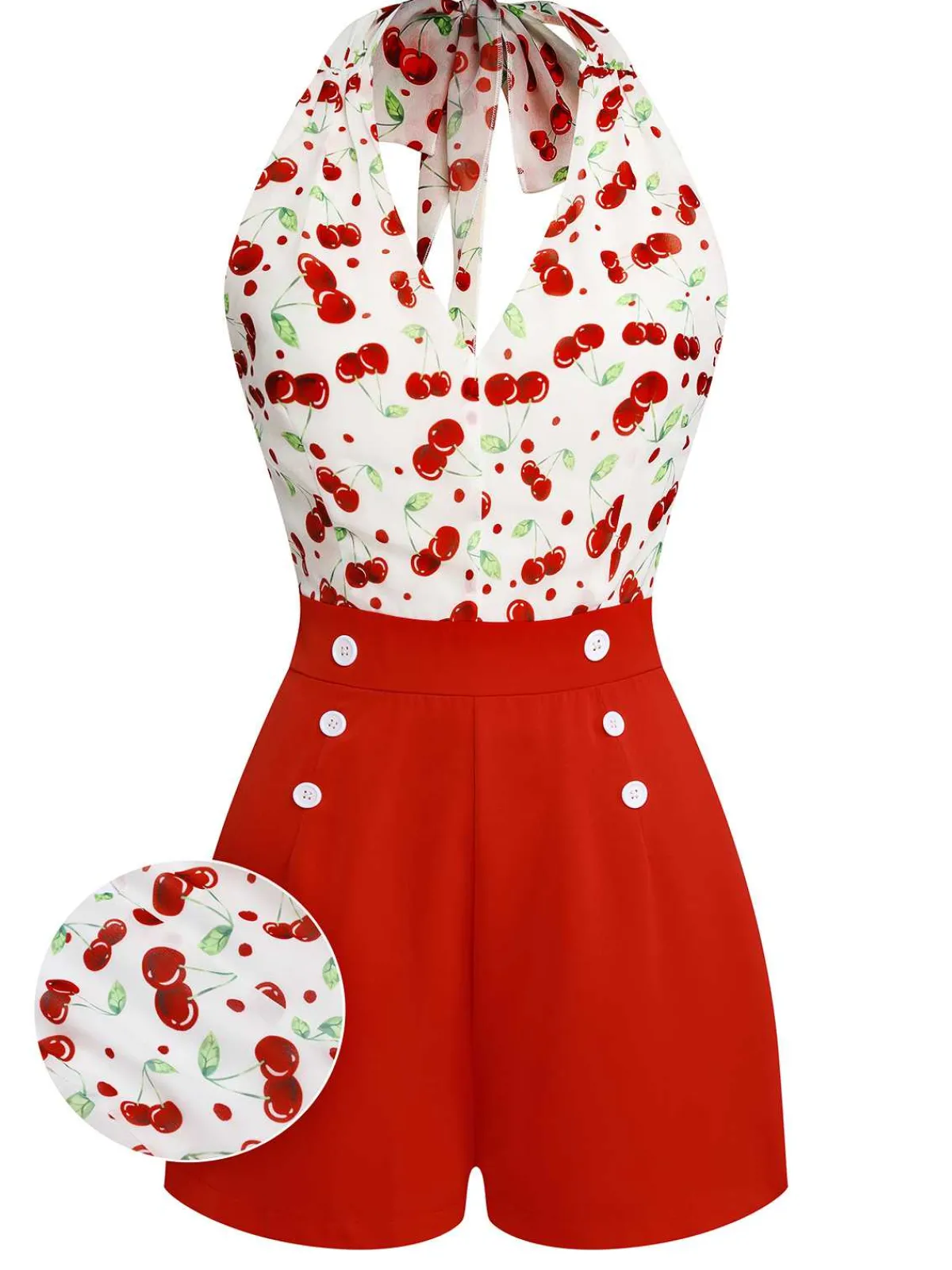 Hot Retro Stage 1950s Cherry V-Neck Halter Lace-Up Romper Red