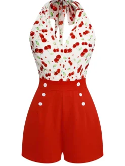 Hot Retro Stage 1950s Cherry V-Neck Halter Lace-Up Romper Red