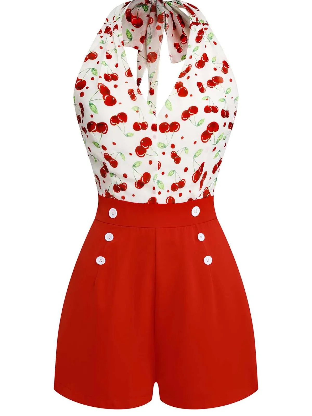 Hot Retro Stage 1950s Cherry V-Neck Halter Lace-Up Romper Red