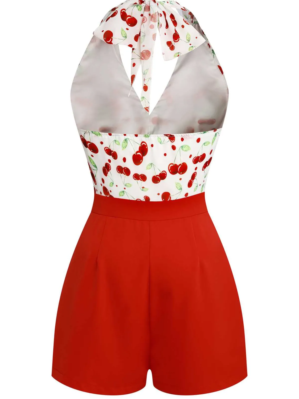Hot Retro Stage 1950s Cherry V-Neck Halter Lace-Up Romper Red
