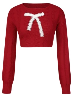 Hot Retro Stage 1980s Christmas Bowknot Crop Sweater Red