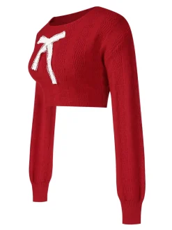 Hot Retro Stage 1980s Christmas Bowknot Crop Sweater Red