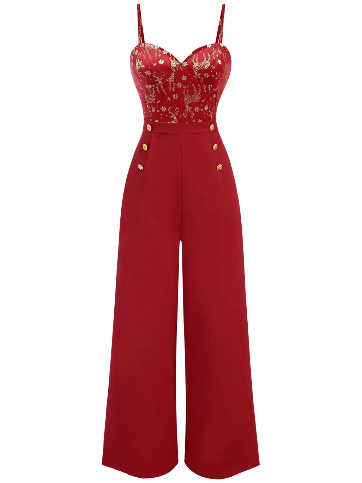 Best Retro Stage 1930s Christmas Elk Gilded Velvet Jumpsuit Red