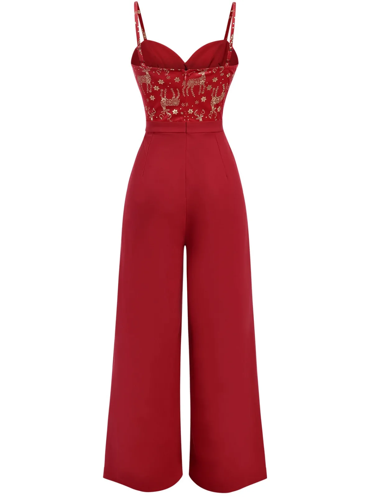 Best Retro Stage 1930s Christmas Elk Gilded Velvet Jumpsuit Red