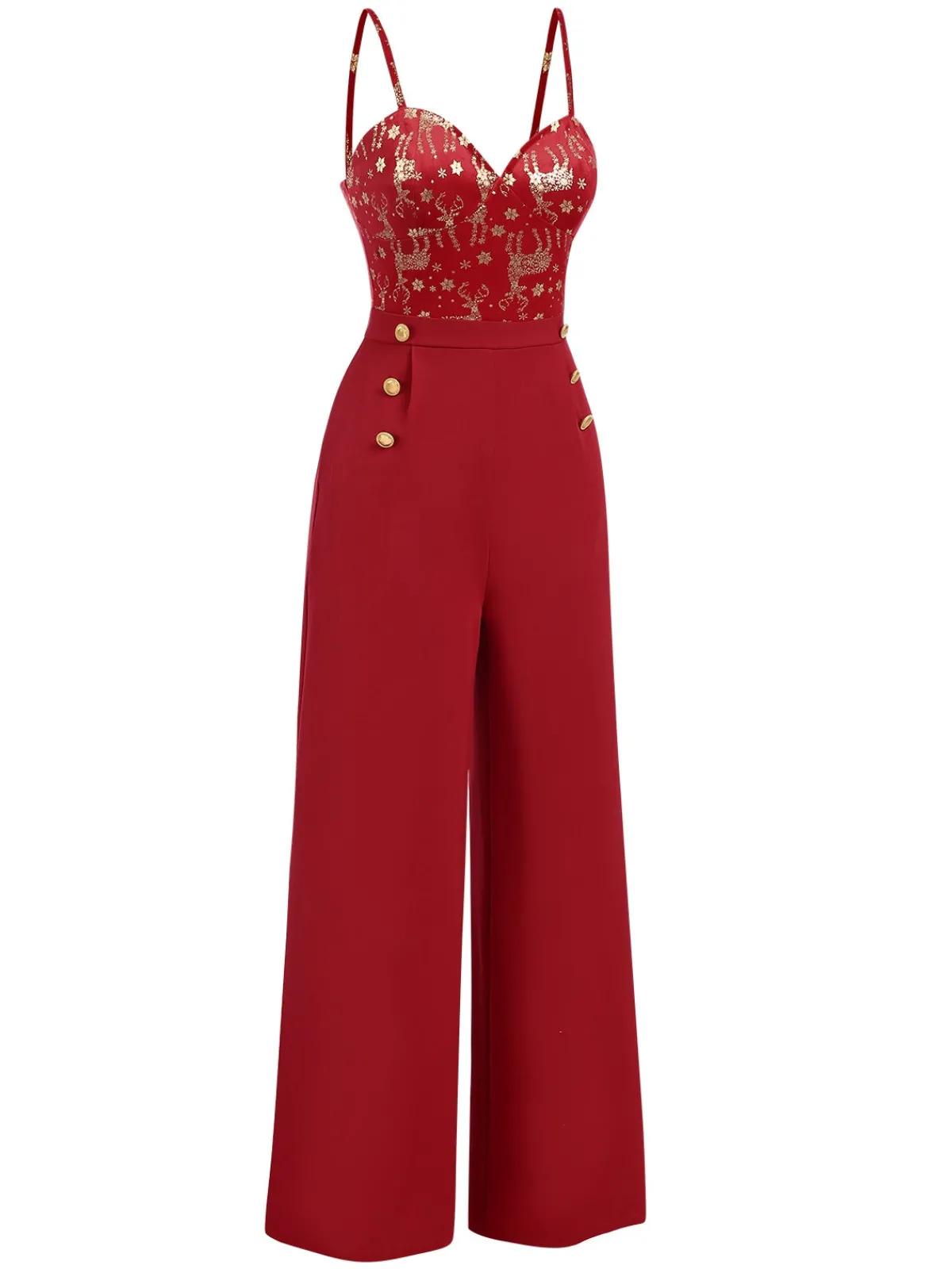 Best Retro Stage 1930s Christmas Elk Gilded Velvet Jumpsuit Red