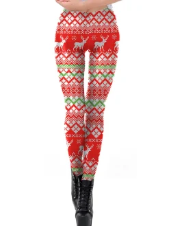 Hot Retro Stage Red 1960s Christmas Elk Plaid Leggings Multicolor