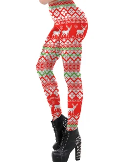 Hot Retro Stage Red 1960s Christmas Elk Plaid Leggings Multicolor