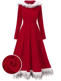 New Retro Stage Red 1970s Christmas Fur Hooded Dress Wine Red
