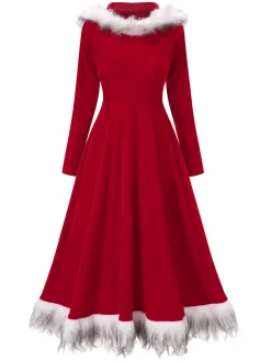 New Retro Stage Red 1970s Christmas Fur Hooded Dress Wine Red
