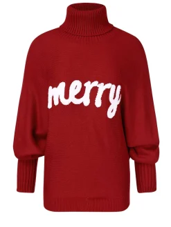 Fashion Retro Stage 1980s Christmas Merry Print Turtleneck Sweater Red