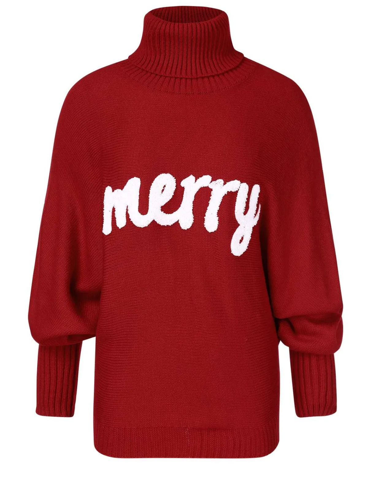 Fashion Retro Stage 1980s Christmas Merry Print Turtleneck Sweater Red