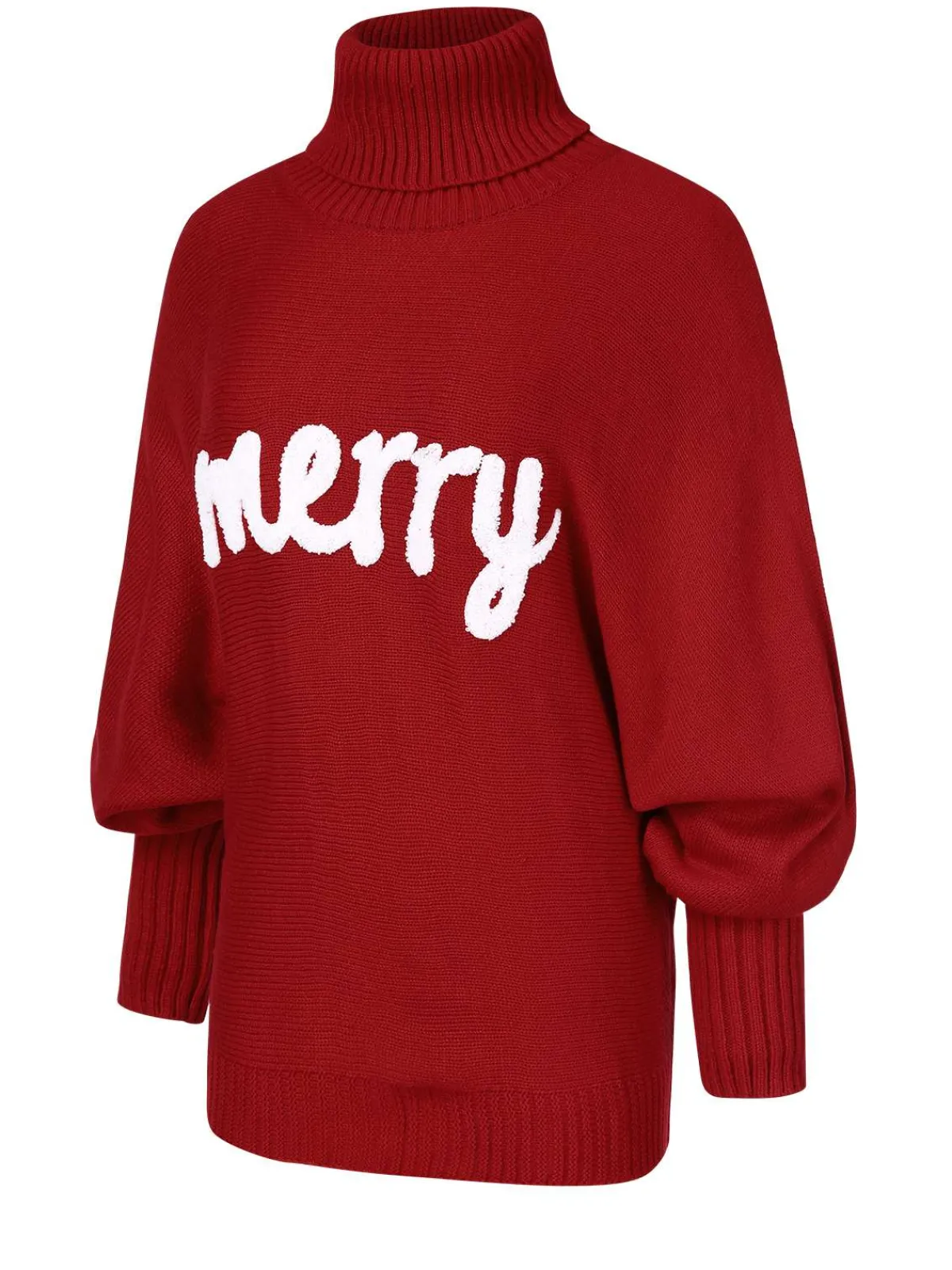 Fashion Retro Stage 1980s Christmas Merry Print Turtleneck Sweater Red