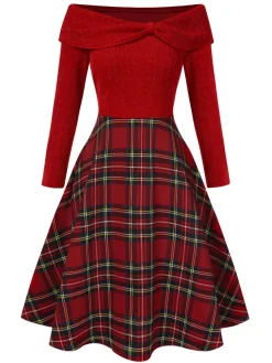 Hot Retro Stage Red 1950s Christmas Off Shoulder Tartan Dress