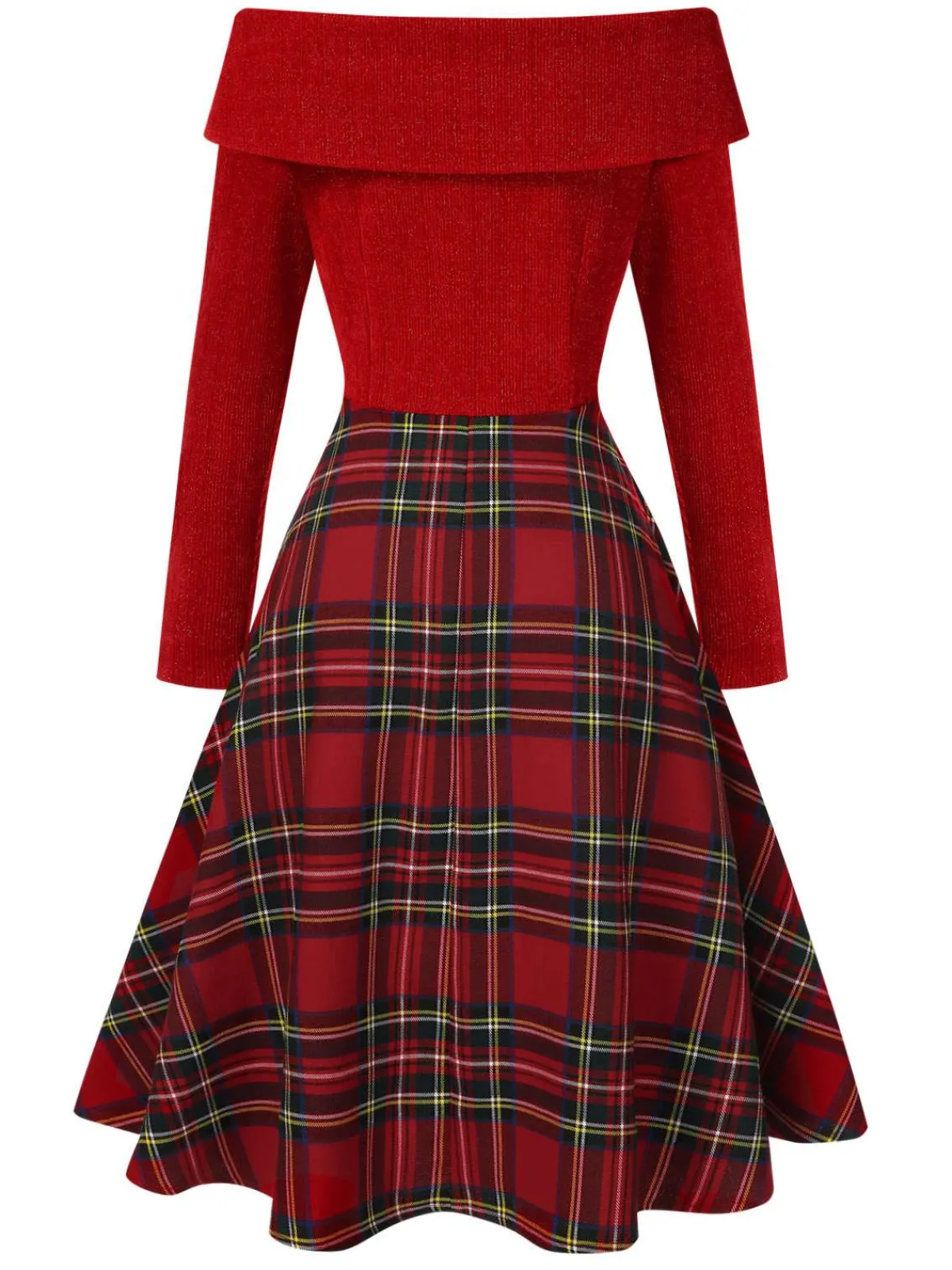 Hot Retro Stage Red 1950s Christmas Off Shoulder Tartan Dress