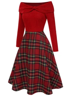 Hot Retro Stage Red 1950s Christmas Off Shoulder Tartan Dress
