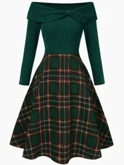 Hot Retro Stage Red 1950s Christmas Off Shoulder Tartan Dress