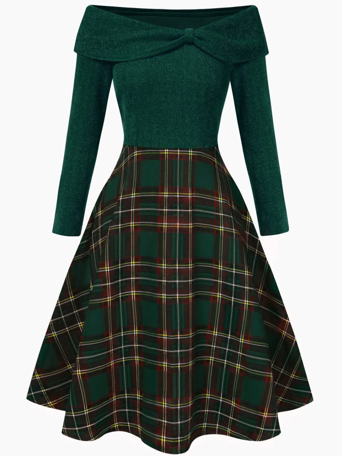 Hot Retro Stage Red 1950s Christmas Off Shoulder Tartan Dress