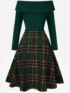 Hot Retro Stage Red 1950s Christmas Off Shoulder Tartan Dress