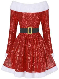 Hot Retro Stage 1950s Christmas Off Shoulder Fur Belted Dress Red