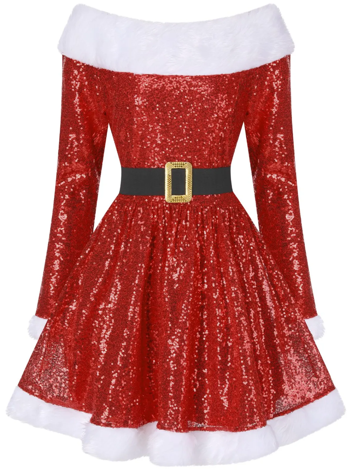 Hot Retro Stage 1950s Christmas Off Shoulder Fur Belted Dress Red