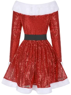 Hot Retro Stage 1950s Christmas Off Shoulder Fur Belted Dress Red