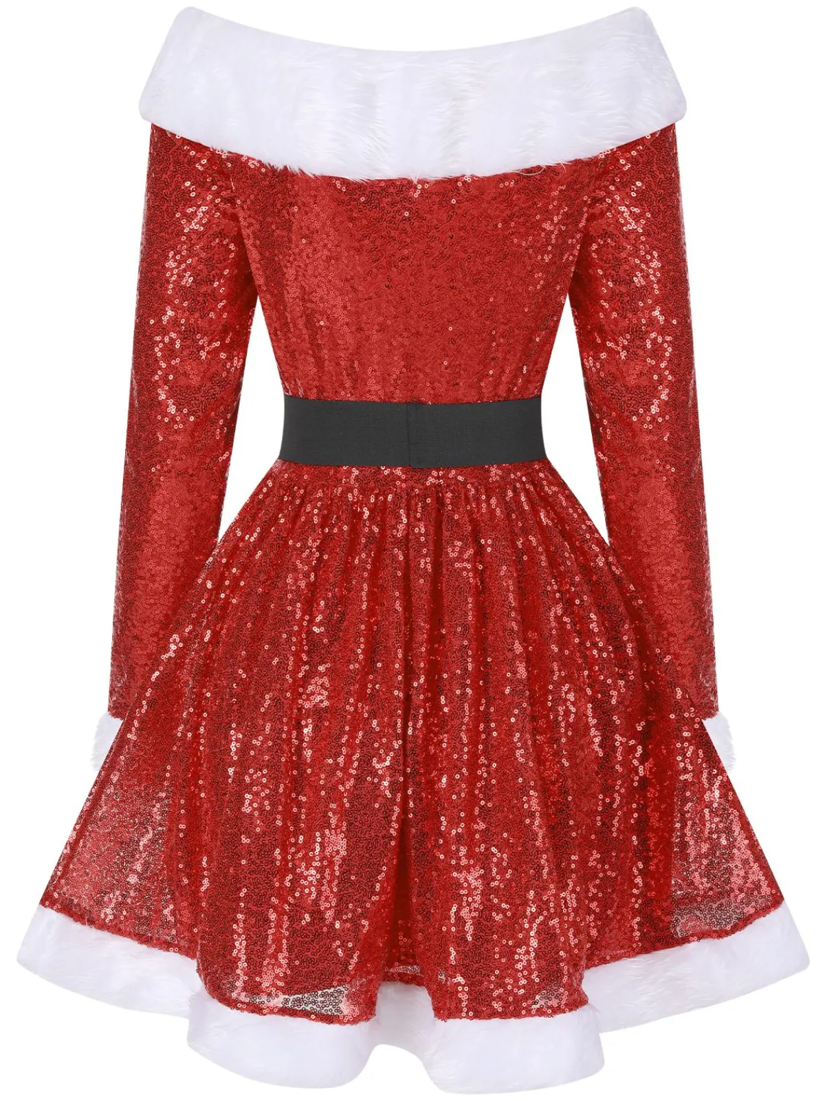 Hot Retro Stage 1950s Christmas Off Shoulder Fur Belted Dress Red