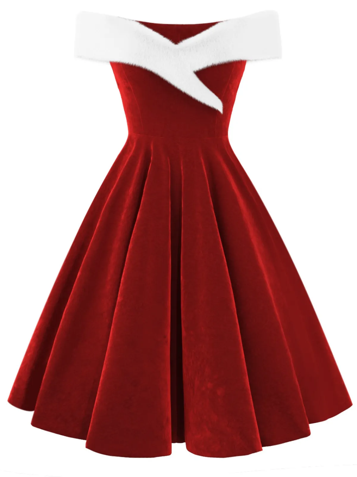 Best Retro Stage Red 1950s Christmas Off-Shoulder Velvet Dress Deep Red
